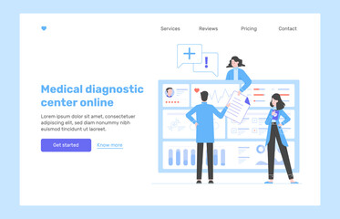 Physician doctors analyze the patient's medical data. Big dashboard with information. Diagnosis of diseases, the study of tests and treatment. Landing page concept. Vector flat illustration.