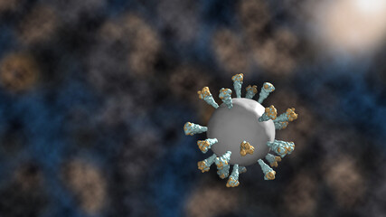 COVID-19 coronavirus or SARS-CoV2 virus particle against planetary background; 3d rendering coronavirus particle in grey with spike proteins colored green and orange