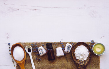 Flat lay view of small cube shape bathroom bath fizzies. Making homemade small spa bath fizzy. Lot...