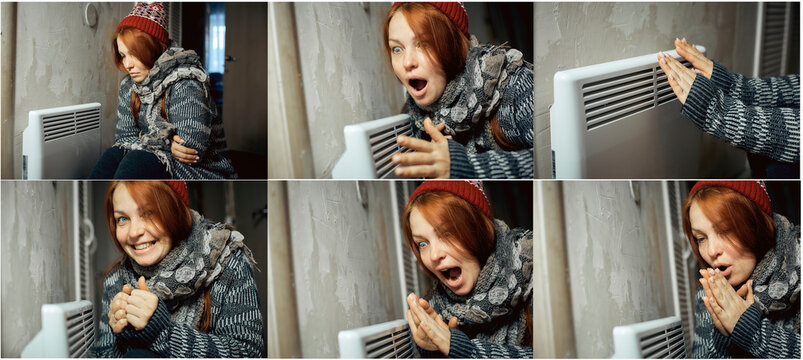 collage of emotional photos of a woman at the radiator, problems with heating in homes during cold weather and energy crisis