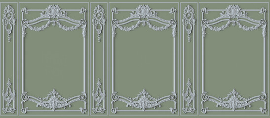 Green Interior wall with molding. 3d illustration. Seamless pattern