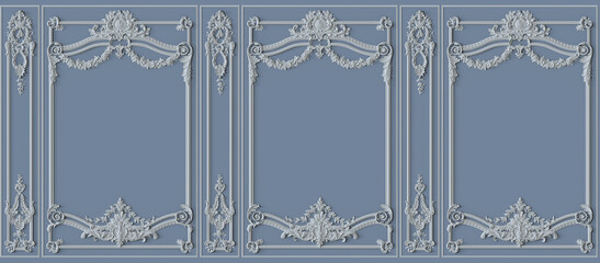 Blue Interior wall with molding. 3d illustration. Seamless pattern - 415242868