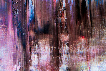 Vertical textured dirty chaotic stripes with oil paints on canvas. Abstract oil painting background. Purple,  black, brown colors. Hand drawing. Palette knife paint texture. Modern Art.