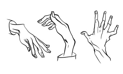 Hand drawing simple template. Gesture, fingers. Black and white line art isolated on background. 