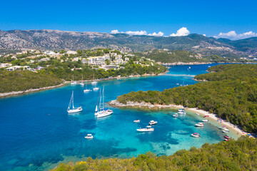 Aerial view of iconic paradise sandy beaches with turquoise sea in complex islands of Agios...