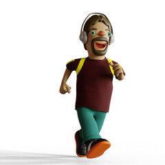 3D illustration of a bearded man, wearing sportswear, with headphones running alone. Cartoon art style. 3D rendering on white background.