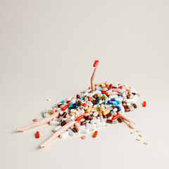 Doll laying under pile of vibrant pills and capsules on pastel beige background. Creative...