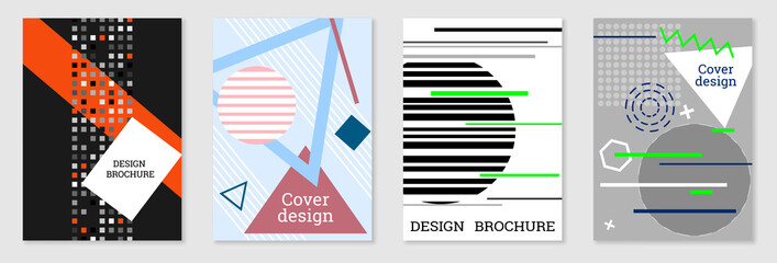 Set of cover design in Memphis style. Geometric design, abstract background. Fashionable bright...