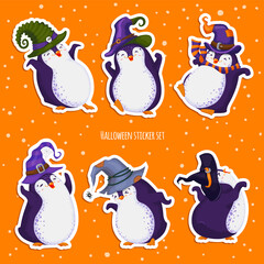 Cute vector dancing penguins set. Happy Halloween. Different hats, various poses. Pre-made stickers.