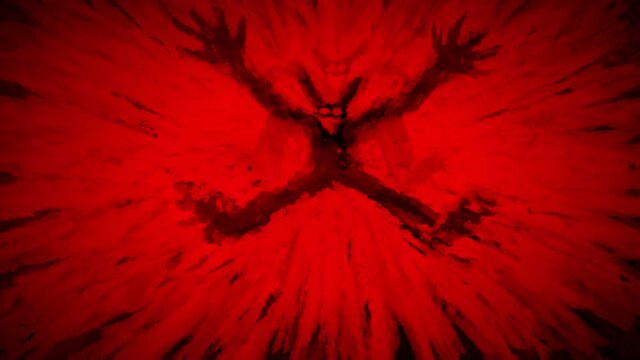 Crazy bunny animation. Demon hare from dark. Funny monster jumps and falls, turning into blot. Scary animated 4K footage. Funny drawn cartoon for Halloween. Vj loop rabbit dance. Ink, shake effects.