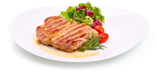 Grilled juicy pork steak with rosemary, fried meat, close-up, isolated on white background