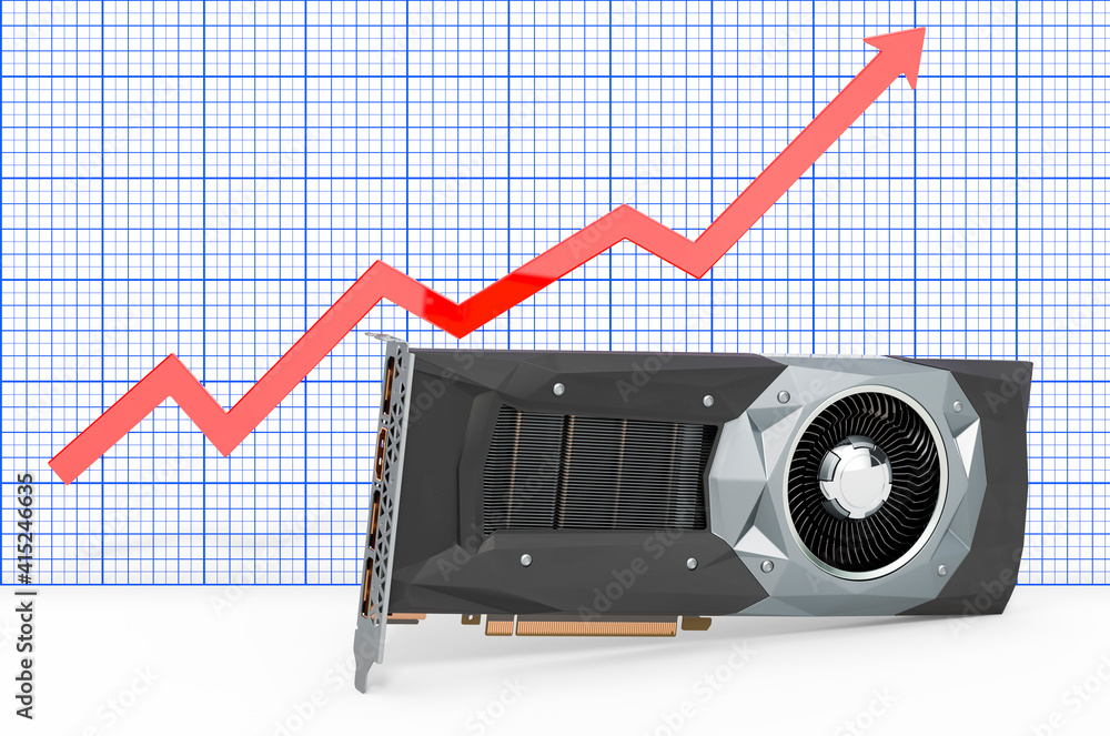 Poster video card gpu with growing chart. 3d rendering
