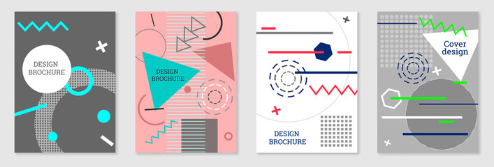 Set of cover design in Memphis style. Geometric design, abstract background. Fashionable bright...