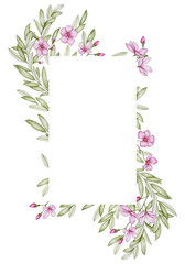 Rectangular frame with pink flowers and gold elements on a white background