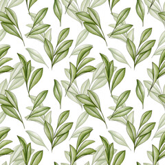 Naklejka na ściany i meble Seamless pattern with green leaves on white background