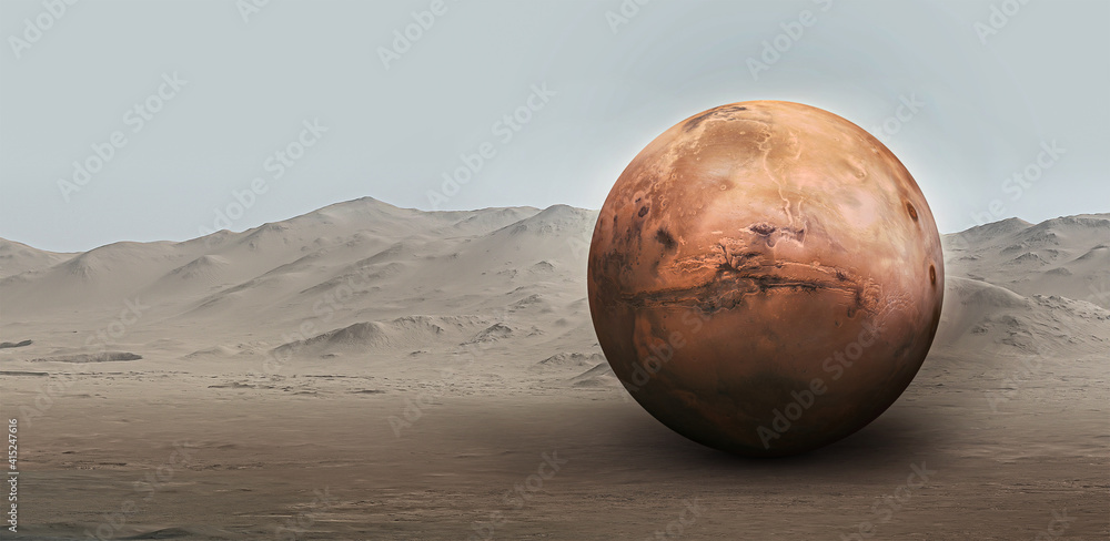 Leinwandbilder Red planet Mars surface. Exploration and expedition on red planet. Sphere of Mars in space. Elements of this image furnished by NASA
