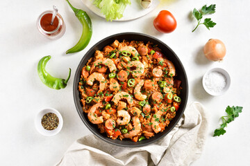 Creole jambalaya with chicken, smoked sausages and vegetables