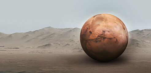 Red planet Mars surface. Exploration and expedition on red planet. Sphere of Mars in space. Elements of this image furnished by NASA © dimazel