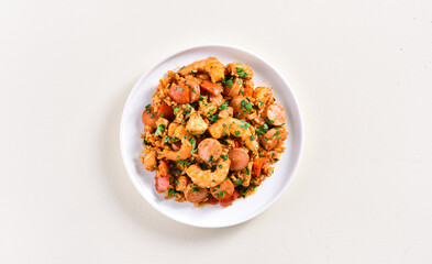 Creole jambalaya with chicken, smoked sausages and vegetables