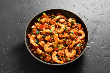 Jambalaya with chicken, smoked sausages and vegetables