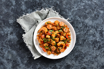 Creole jambalaya with chicken, smoked sausages and vegetables