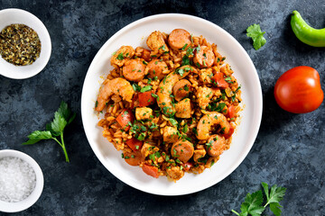 Creole jambalaya with chicken, smoked sausages and vegetables