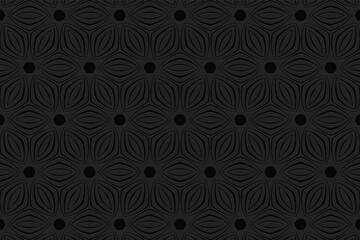 Geometric black convex volumetric 3D background. Ornament with a relief pattern from ethnic elements. Fashionable texture based on folk motives.