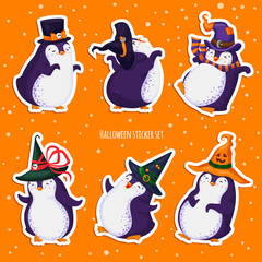 Halloween set of cute vector dancing penguins. Different hats, various poses. Pre-made stickers.