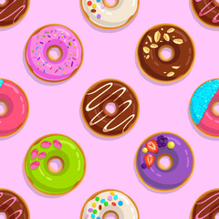 Seamless pattern of cartoon donuts and sweets vector background. Doughnuts endless fashion wallpaper background. Template for print fabric and wrapping paper. Vector illustration