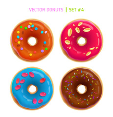 Fototapeta premium Realistic colorful Donuts in different glazes isolated on white background vector illustration. Top view Doughnuts poster for pastry bakery shop