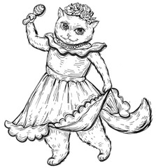 Cat holding a maraca and dressed in national mexican clothes. Vintage monochrome hatching illustration isolated on white.
