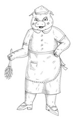 Pig is dressed in maid costume and wipes the dust. Hatching illustration