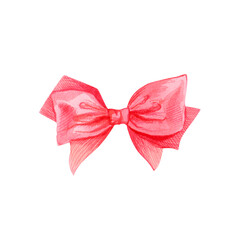 Watercolor pink bow. Hand painted gift bow isolated on white background. Party or greeting object, bow for your creativity