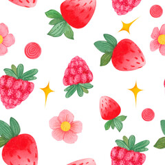 Abstract seamless pattern in pink and green color with watercolor raspberry and dots.