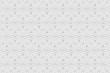 Geometric white convex volumetric 3D background. Ornament with embossed ethnic pattern. Texture for design and decor.