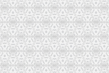 Geometric white convex volumetric 3D background. Ornament with embossed ethnic floral pattern. Openwork texture for design and decor.