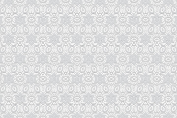 Geometric white decorative convex volumetric 3D background. Ornament with a relief pattern from ethnic elements. Texture for presentations.