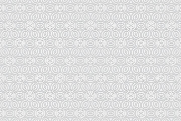 Geometric white artistic convex volumetric 3D background. Ornament with a relief pattern of ethnic elements and ovals. Texture for presentations, wallpapers.