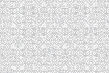 Geometric white convex volumetric 3D background. Ornament with a relief pattern of ethnic elements and figures. Texture in the style of Indian doodling for presentations, wallpapers.