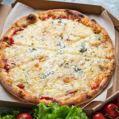 cheesy pizza 4 cheese assorted several types fast food other ingredients portion on the table meal snack top view copy space for text food background rustic image
