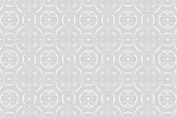 Geometric white abstract convex volumetric 3D background. Ornament with a relief pattern of ethnic elements and stylized flowers in oriental folk style.