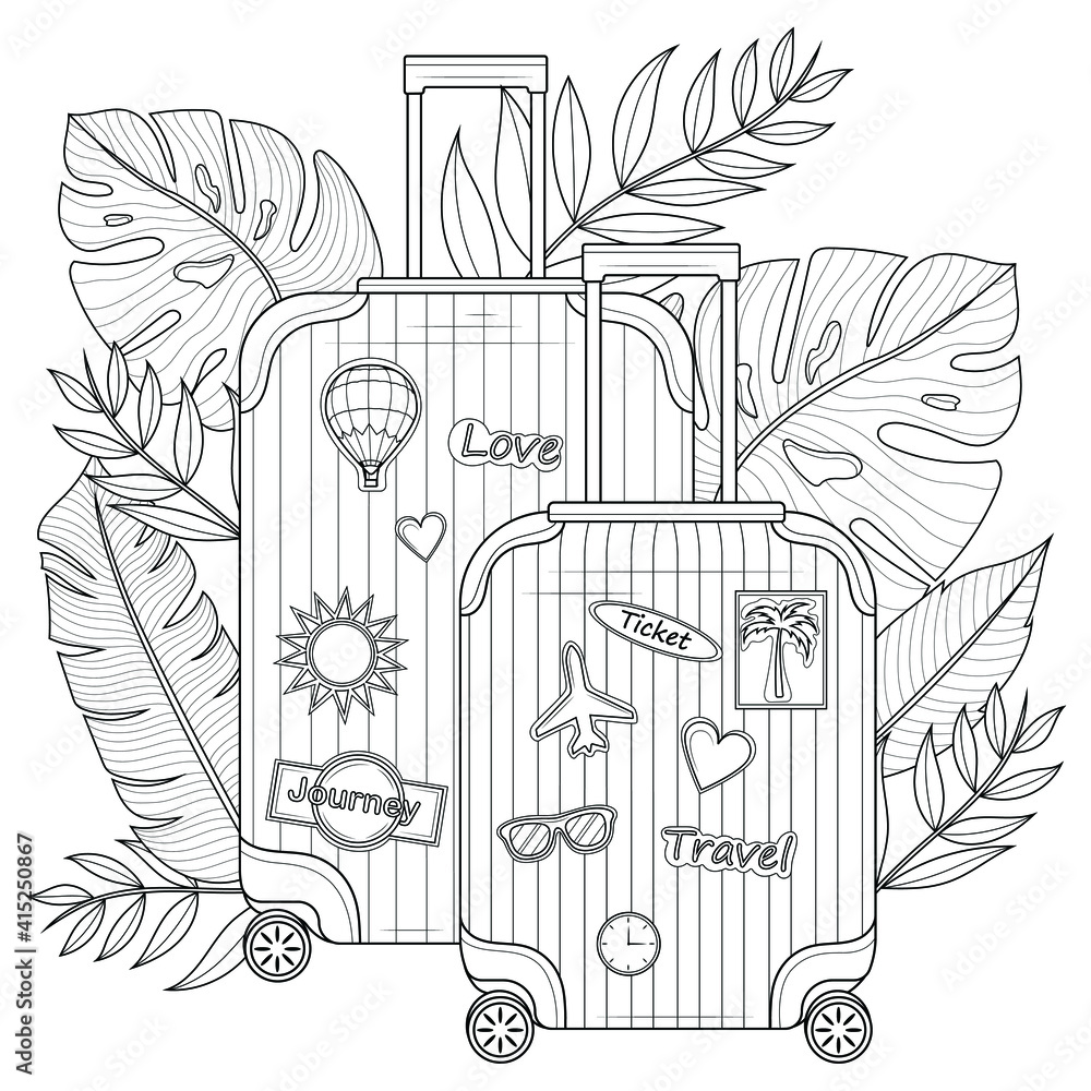 Wall mural Suitcase with tropical leaves and stickers.Coloring book antistress for children and adults. Illustration isolated on white background.Zen-tangle style. Black and white illustration.Hand draw