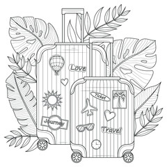 Suitcase with tropical leaves and stickers.Coloring book antistress for children and adults. Illustration isolated on white background.Zen-tangle style. Black and white illustration.Hand draw