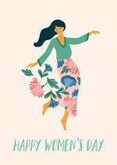 International Women s Day. Vector template with dancing woman and flowers for card, poster, flyer and other