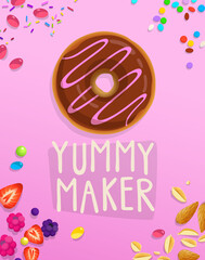 Donut Yummy Maker quote vector template for poster design. Donut into turquoise glaze with peanuts for menu pastry cafe decoration, delivery box, print