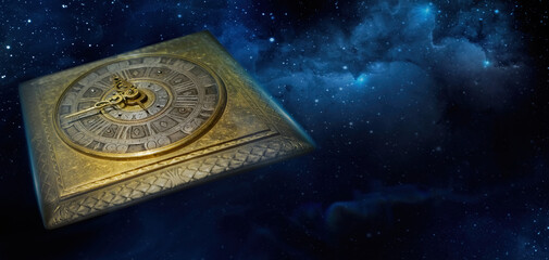 Clock face of the old watch on the night sky background with stars. Philosophy image of space time...