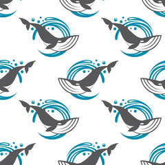 seamless pattern with whale and sea wave on white background