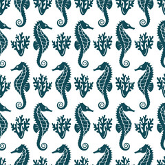seamless nautical pattern with seahorse and coral on white background