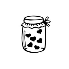 Bottle with hearts hand drawing sketch isolated on white background. Concept for valentine's day, love, volunteering. Stock vector illustration. 