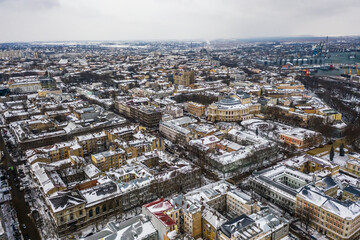 Aerial view on Odessa cityscape after snow blizzard on February 8, 2021.